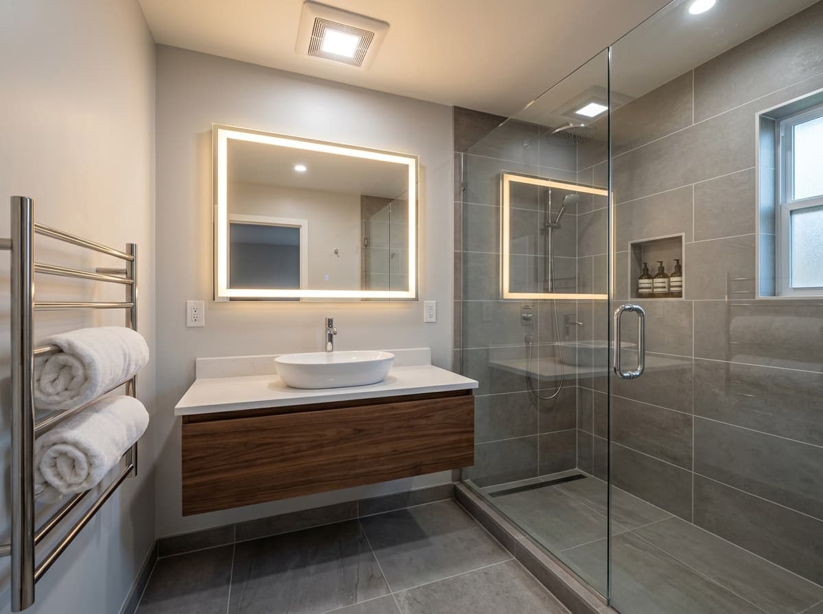 Bathroom with frameless glass shower
