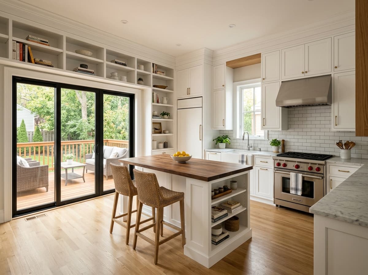 Kitchen island with butcher block top and custom shelving
