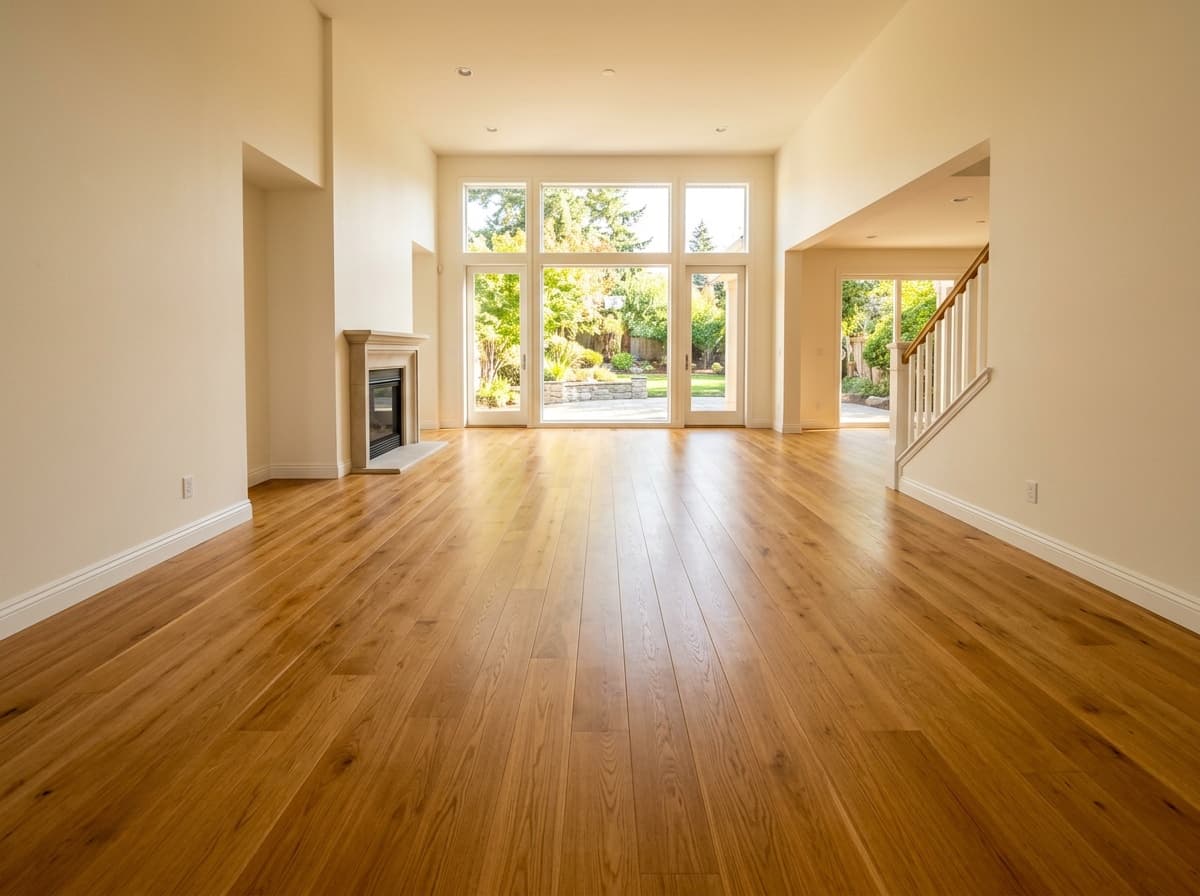 Hardwood flooring in open-concept living space