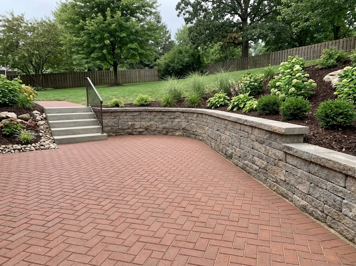 Curved retaining wall with brick paver walkway